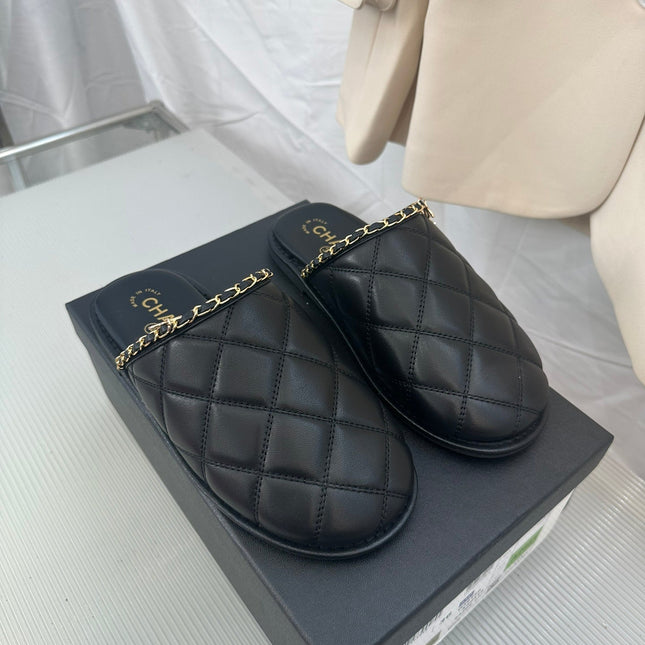 CC Black Lambskin Gold Chain Mules