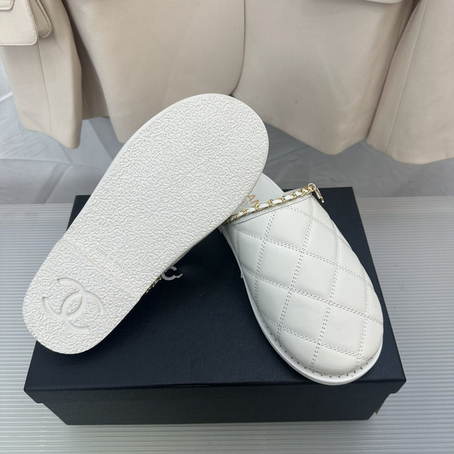 CC White Lambskin Gold Chain Mules