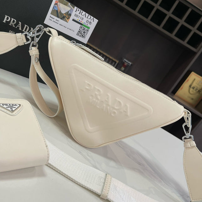 PRA TRIANGLE 27 SHOULDER BAG IN WHITE CALFSKIN WITH STRAP