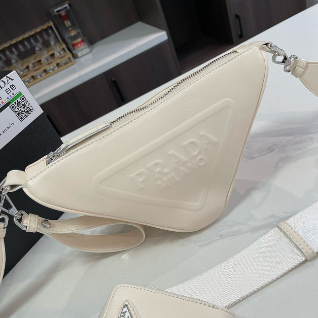 PRA TRIANGLE 27 SHOULDER BAG IN WHITE CALFSKIN WITH STRAP