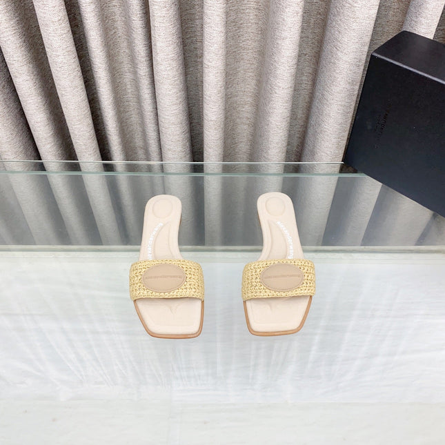 VY SLIDE SANDAL IN BEIGE WOVEN RAFFIA STRAP AND CALFSKIN