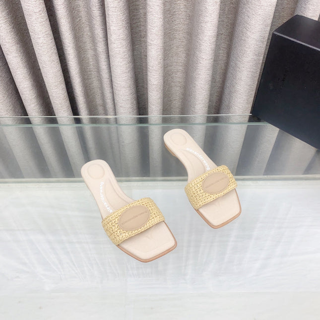 VY SLIDE SANDAL IN BEIGE WOVEN RAFFIA STRAP AND CALFSKIN