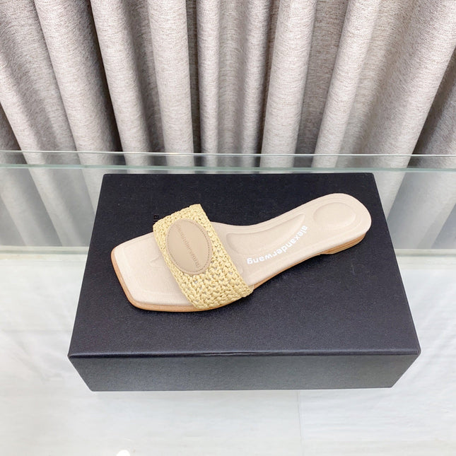 VY SLIDE SANDAL IN BEIGE WOVEN RAFFIA STRAP AND CALFSKIN