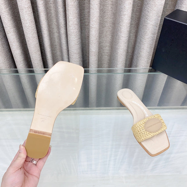 VY SLIDE SANDAL IN BEIGE WOVEN RAFFIA STRAP AND CALFSKIN