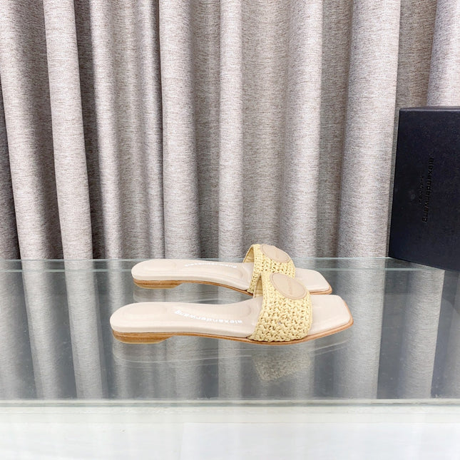 VY SLIDE SANDAL IN BEIGE WOVEN RAFFIA STRAP AND CALFSKIN