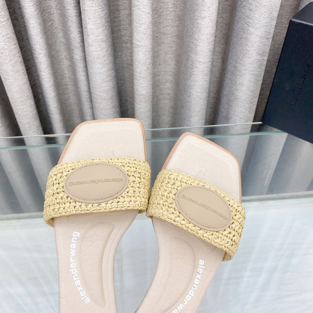 VY SLIDE SANDAL IN BEIGE WOVEN RAFFIA STRAP AND CALFSKIN