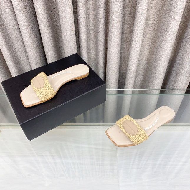 VY SLIDE SANDAL IN BEIGE WOVEN RAFFIA STRAP AND CALFSKIN