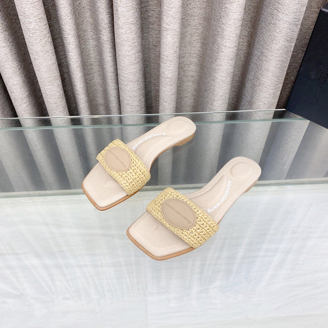 VY SLIDE SANDAL IN BEIGE WOVEN RAFFIA STRAP AND CALFSKIN