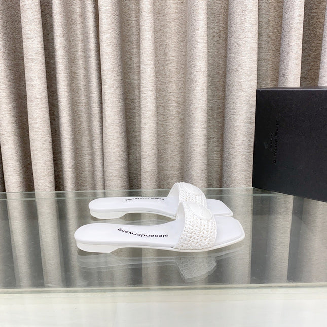 VY SLIDE SANDAL IN WHITE WOVEN RAFFIA STRAP AND CALFSKIN