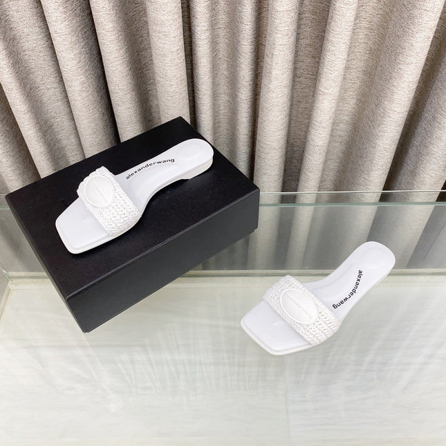 VY SLIDE SANDAL IN WHITE WOVEN RAFFIA STRAP AND CALFSKIN