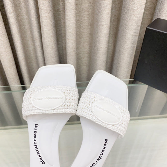 VY SLIDE SANDAL IN WHITE WOVEN RAFFIA STRAP AND CALFSKIN