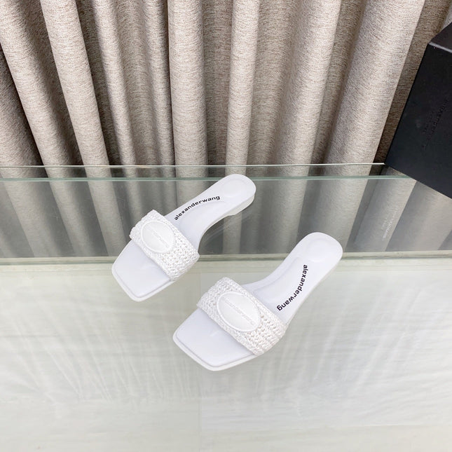 VY SLIDE SANDAL IN WHITE WOVEN RAFFIA STRAP AND CALFSKIN