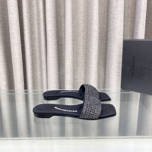 VY SLIDE SANDAL IN BLACK WOVEN RAFFIA STRAP AND CALFSKIN