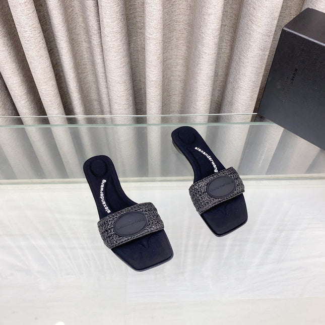 VY SLIDE SANDAL IN BLACK WOVEN RAFFIA STRAP AND CALFSKIN