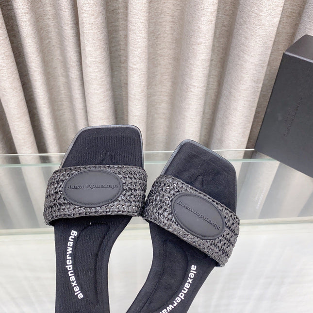 VY SLIDE SANDAL IN BLACK WOVEN RAFFIA STRAP AND CALFSKIN