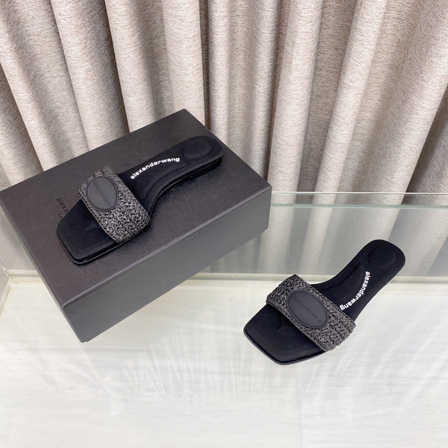 VY SLIDE SANDAL IN BLACK WOVEN RAFFIA STRAP AND CALFSKIN