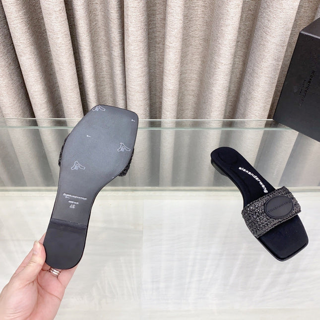 VY SLIDE SANDAL IN BLACK WOVEN RAFFIA STRAP AND CALFSKIN