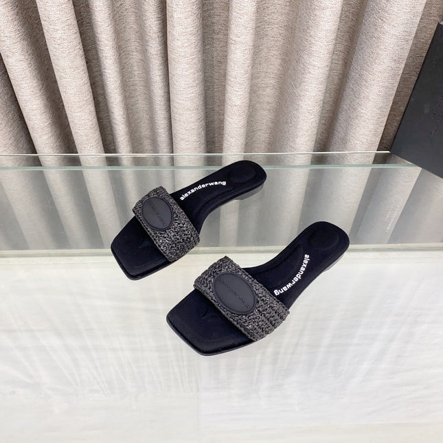 VY SLIDE SANDAL IN BLACK WOVEN RAFFIA STRAP AND CALFSKIN