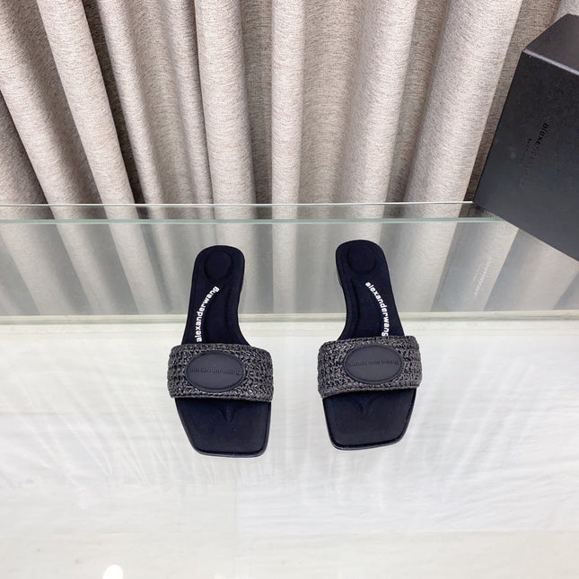 VY SLIDE SANDAL IN BLACK WOVEN RAFFIA STRAP AND CALFSKIN