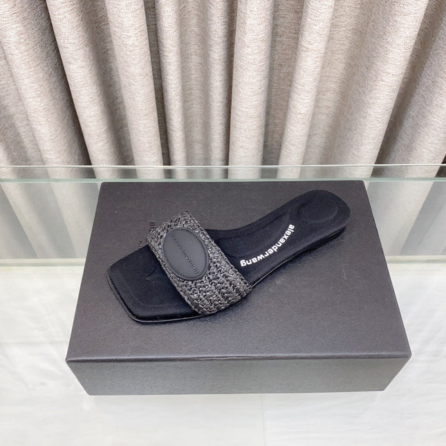 VY SLIDE SANDAL IN BLACK WOVEN RAFFIA STRAP AND CALFSKIN
