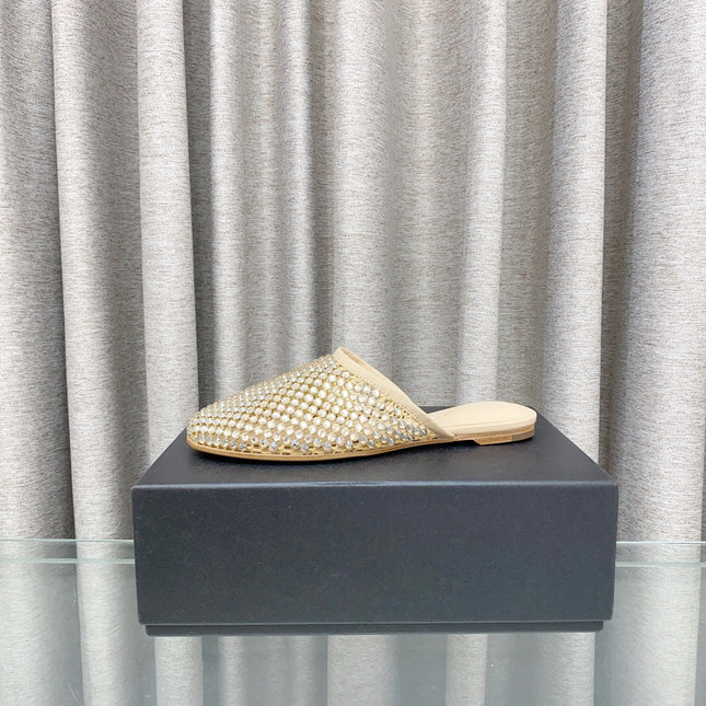 YELLOW CRYSTAL STUDDED FLAT MULE IN BEIGE MESH UPPER