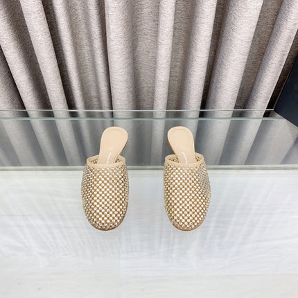 YELLOW CRYSTAL STUDDED FLAT MULE IN BEIGE MESH UPPER
