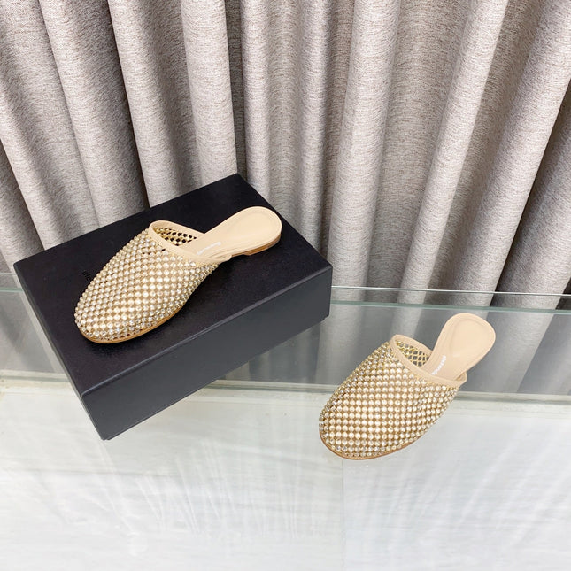 YELLOW CRYSTAL STUDDED FLAT MULE IN BEIGE MESH UPPER