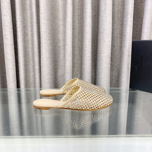 YELLOW CRYSTAL STUDDED FLAT MULE IN BEIGE MESH UPPER