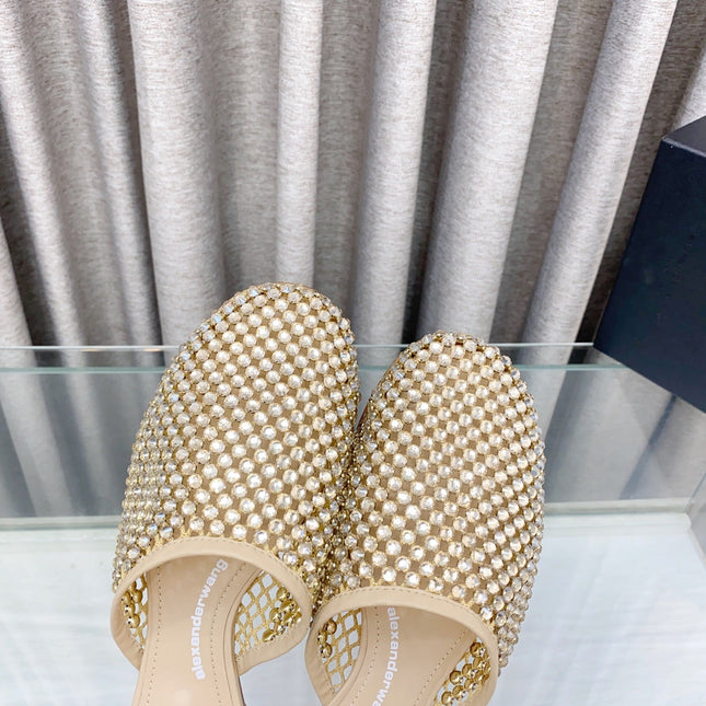 YELLOW CRYSTAL STUDDED FLAT MULE IN BEIGE MESH UPPER
