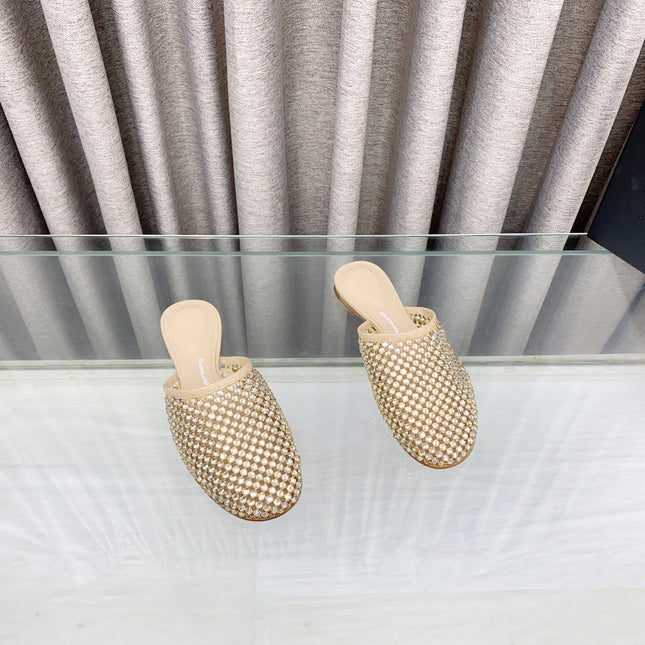 YELLOW CRYSTAL STUDDED FLAT MULE IN BEIGE MESH UPPER