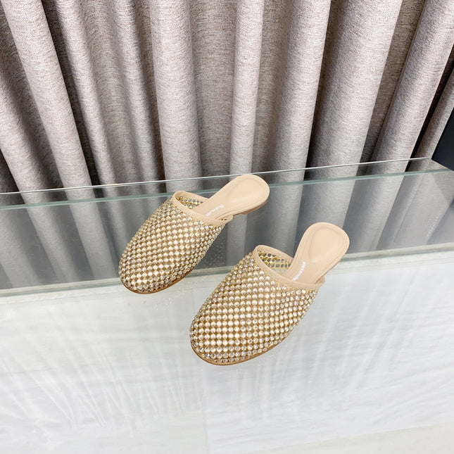 YELLOW CRYSTAL STUDDED FLAT MULE IN BEIGE MESH UPPER