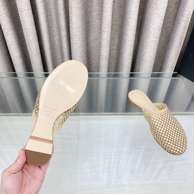 YELLOW CRYSTAL STUDDED FLAT MULE IN BEIGE MESH UPPER
