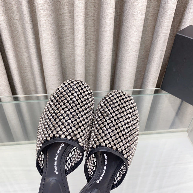 LIGHT BROWN CRYSTAL STUDDED FLAT MULE IN BLACK MESH UPPER