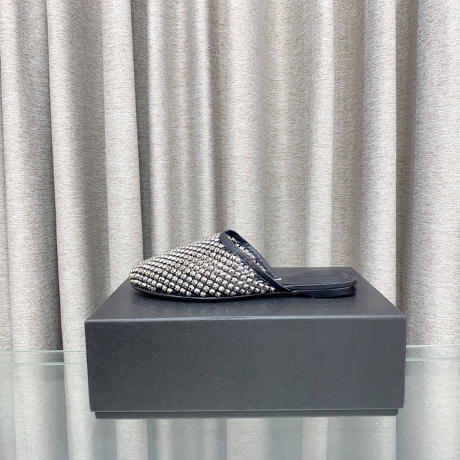 LIGHT BROWN CRYSTAL STUDDED FLAT MULE IN BLACK MESH UPPER