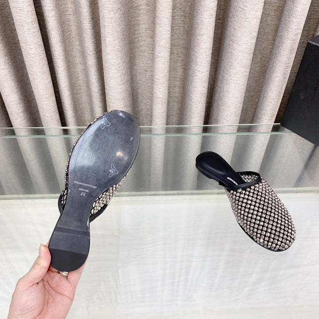 LIGHT BROWN CRYSTAL STUDDED FLAT MULE IN BLACK MESH UPPER