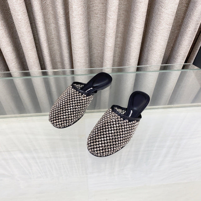 LIGHT BROWN CRYSTAL STUDDED FLAT MULE IN BLACK MESH UPPER