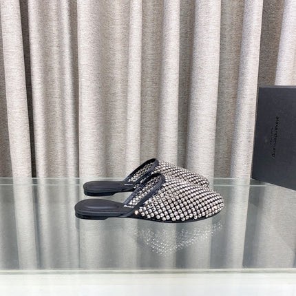 LIGHT BROWN CRYSTAL STUDDED FLAT MULE IN BLACK MESH UPPER