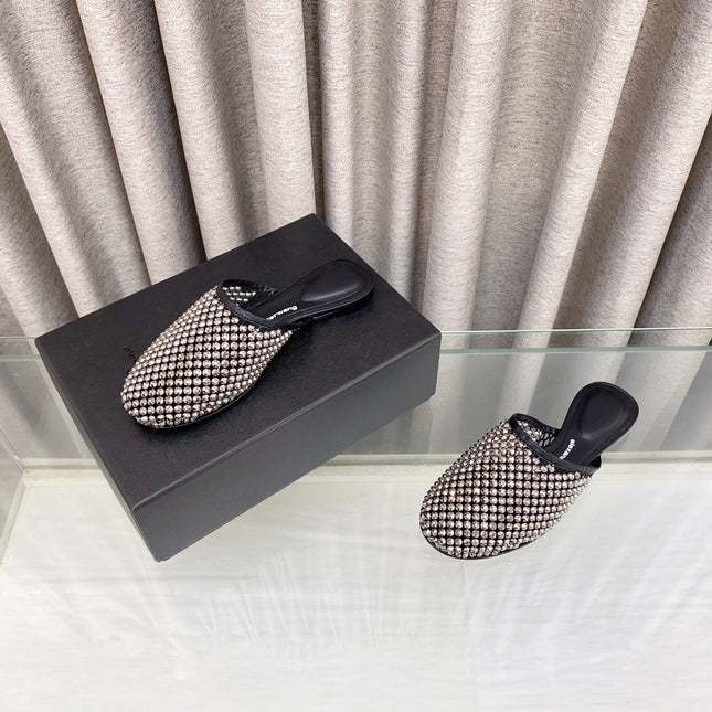 LIGHT BROWN CRYSTAL STUDDED FLAT MULE IN BLACK MESH UPPER