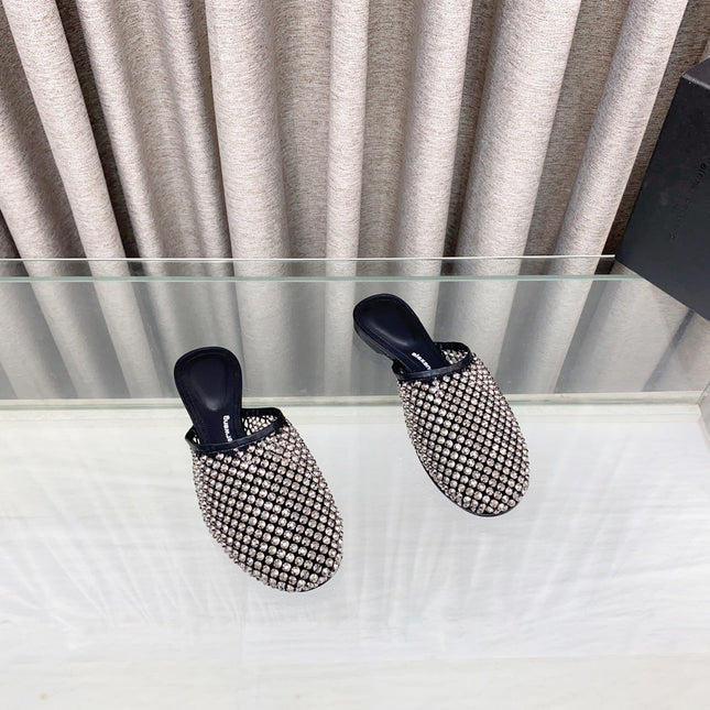 LIGHT BROWN CRYSTAL STUDDED FLAT MULE IN BLACK MESH UPPER