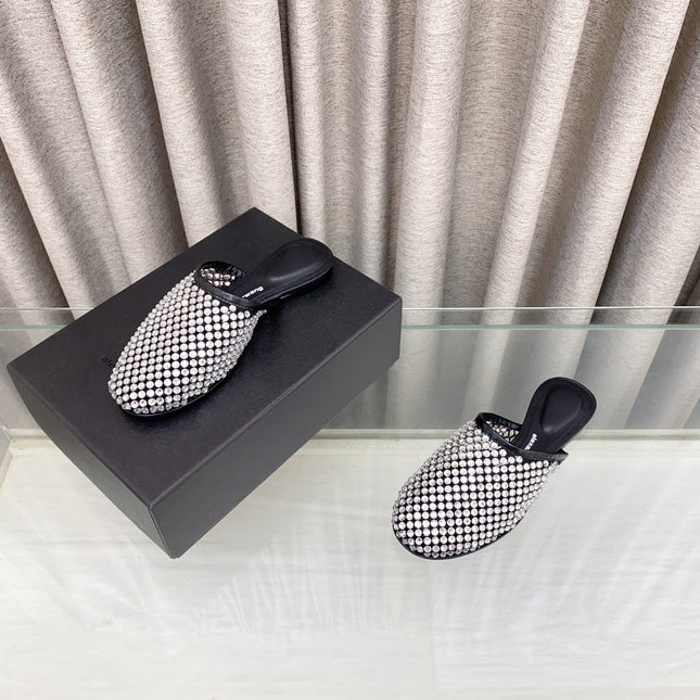 WHITE CRYSTAL STUDDED FLAT MULE IN BLACK MESH UPPER