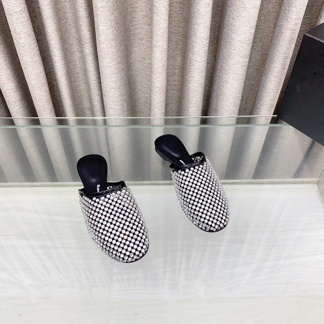 WHITE CRYSTAL STUDDED FLAT MULE IN BLACK MESH UPPER
