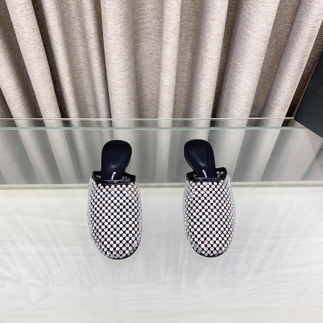 WHITE CRYSTAL STUDDED FLAT MULE IN BLACK MESH UPPER