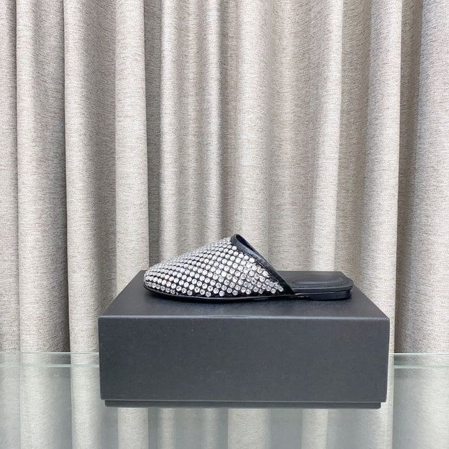 WHITE CRYSTAL STUDDED FLAT MULE IN BLACK MESH UPPER