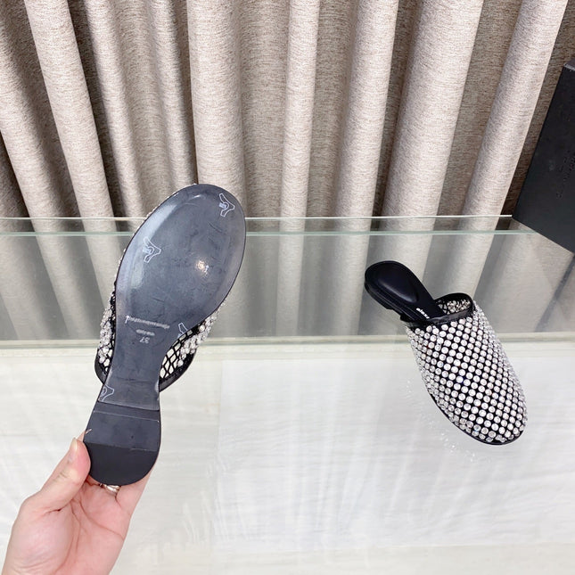 WHITE CRYSTAL STUDDED FLAT MULE IN BLACK MESH UPPER