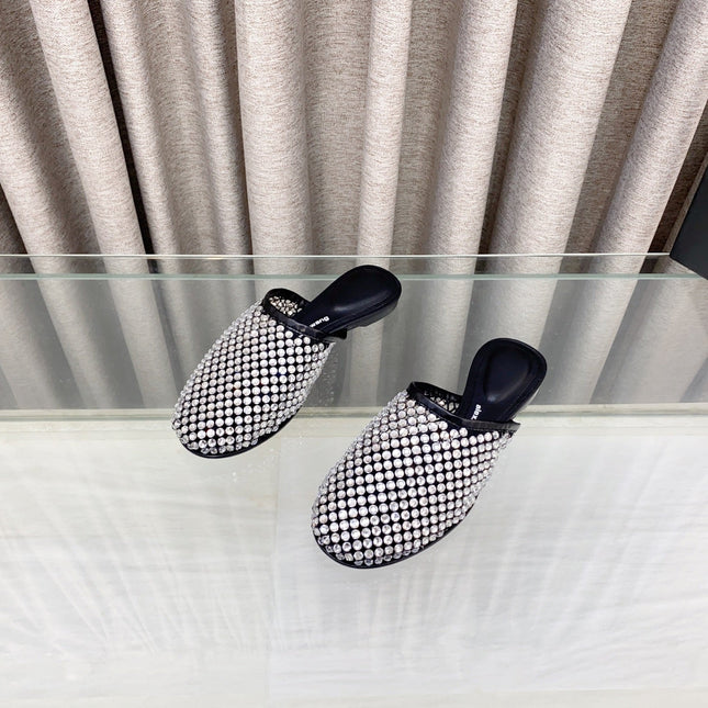 WHITE CRYSTAL STUDDED FLAT MULE IN BLACK MESH UPPER