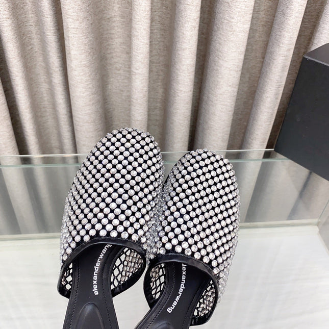WHITE CRYSTAL STUDDED FLAT MULE IN BLACK MESH UPPER