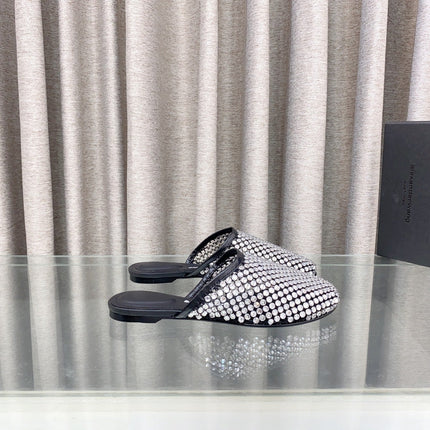 WHITE CRYSTAL STUDDED FLAT MULE IN BLACK MESH UPPER