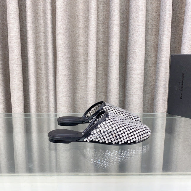 WHITE CRYSTAL STUDDED FLAT MULE IN BLACK MESH UPPER