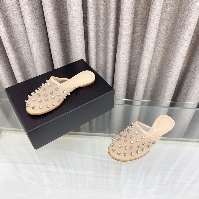 RHODES STUDDED FLAT MULE IN BEIGE MESH UPPER