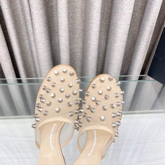 RHODES STUDDED FLAT MULE IN BEIGE MESH UPPER